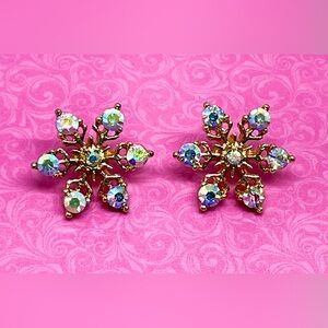 Hildie & Jo Rainbow Aurora Borealis AB Crystal Gold Tone Snowflake Stud Earrings